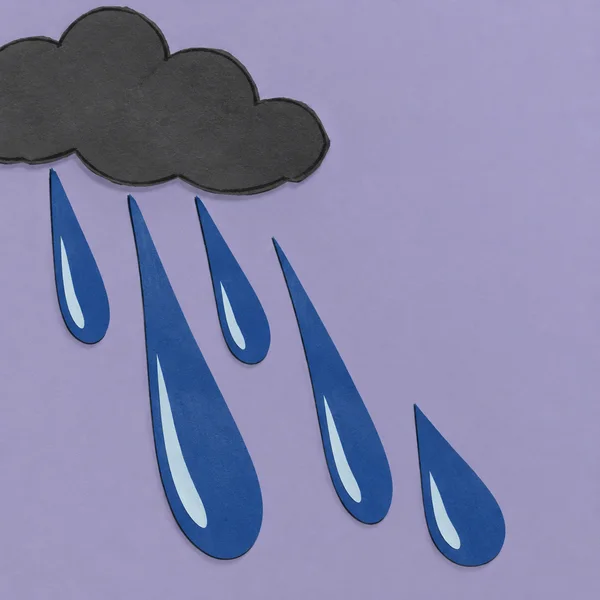 A broad charcoal paper-cut cloud hangs off the upper-left edge, releasing five long cobalt-blue raindrops with pale blue highlights diagonally across a muted…