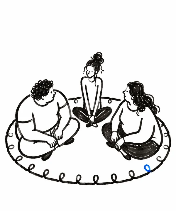 A black marker illustration of three people sitting cross-legged and facing inward on a large oval mat, with looping stitch marks around its edge and one blue…