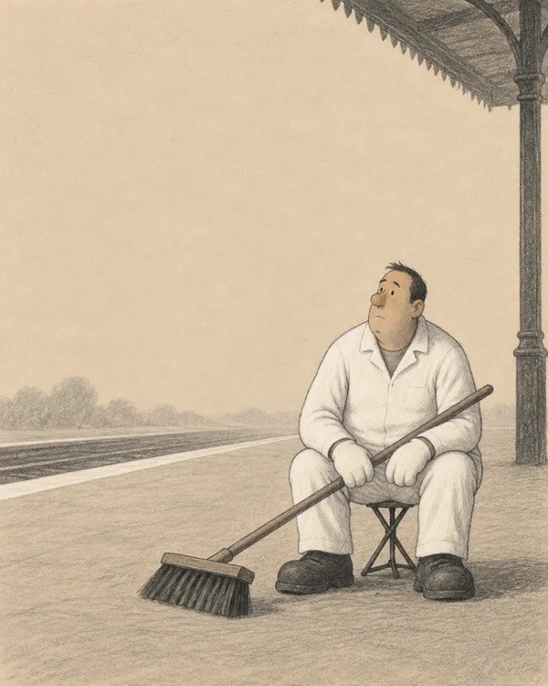 A thoughtful-looking station cleaner in plain white work clothes sits on a small folding stool, holding a long broom diagonally across his knees beneath a…