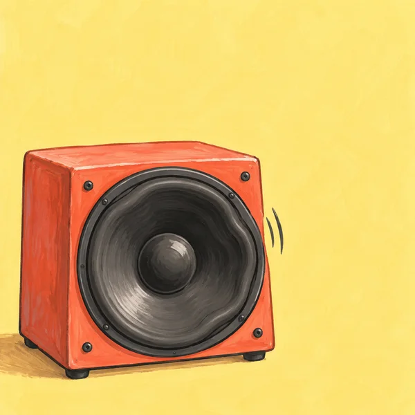 A broad coral loudspeaker with an oversized charcoal woofer sits low on the left against a hazy butter-yellow background.