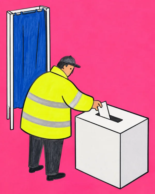 A worker in a fluorescent-yellow jacket and dark cap lowers a blank white ballot into a wide ballot box, with a blue-curtained privacy booth behind them…