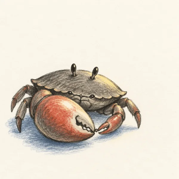 A hand-drawn crab with a broad gray shell, one oversized red claw and a smaller claw, standing over a blue ground shadow on off-white paper.