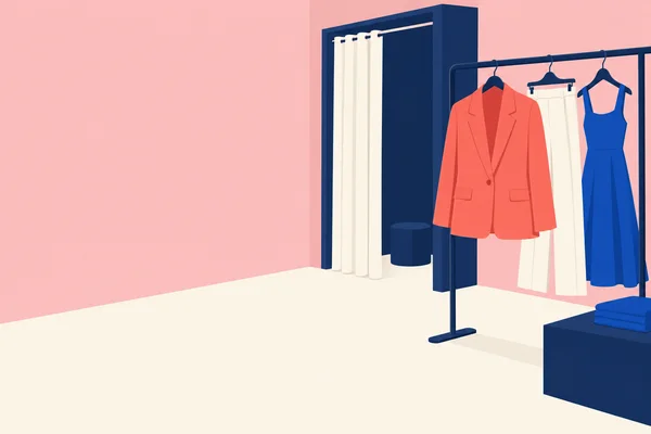 A coral jacket, ivory trousers and cobalt-blue dress hang on a navy clothing rail in a boutique; an ivory curtain partially covers a fitting alcove, with a…