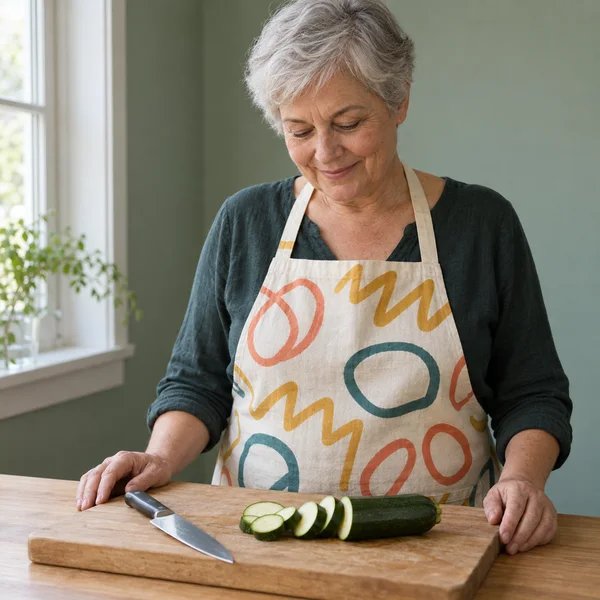 An older woman with short silver hair smiles down at sliced zucchini on a wooden cutting board in a home kitchen.