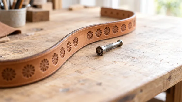A tan leather belt with repeated floral impressions curves across a heavily marked wooden workbench, with a steel rosette stamp beside a gap in the pattern.