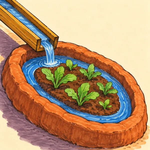 A hand-drawn illustration of a wooden chute pouring water into an oval crop bed, with green seedlings surrounded by a blue channel and terracotta bank.