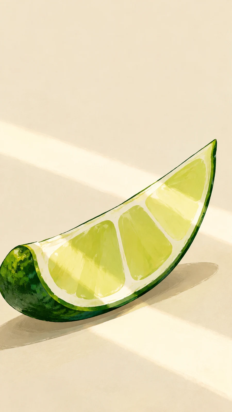 A large, curved lime wedge with a dark green rind and pale yellow-green segments lies diagonally across a warm cream surface.