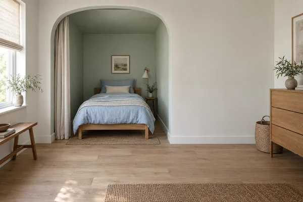 A single bed with pale blue bedding sits in a sage-green arched alcove in a bright bedroom.
