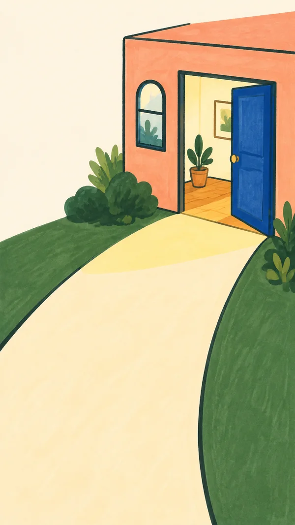 A hand-drawn marker-style illustration of a peach house entrance with a large open cobalt-blue door, a rounded window, potted and outdoor plants, and a broad…