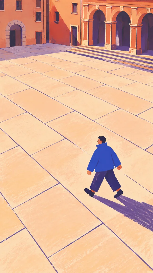 A lone dark-haired person in a cobalt jacket strides left across a spacious peach-paved square, casting a long violet shadow toward the lower right; terracotta…