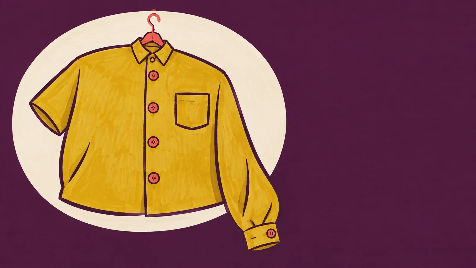 A mustard-yellow collared shirt with a chest pocket, coral buttons and one long drooping sleeve hangs from a coral hanger in front of a large cream oval on a…