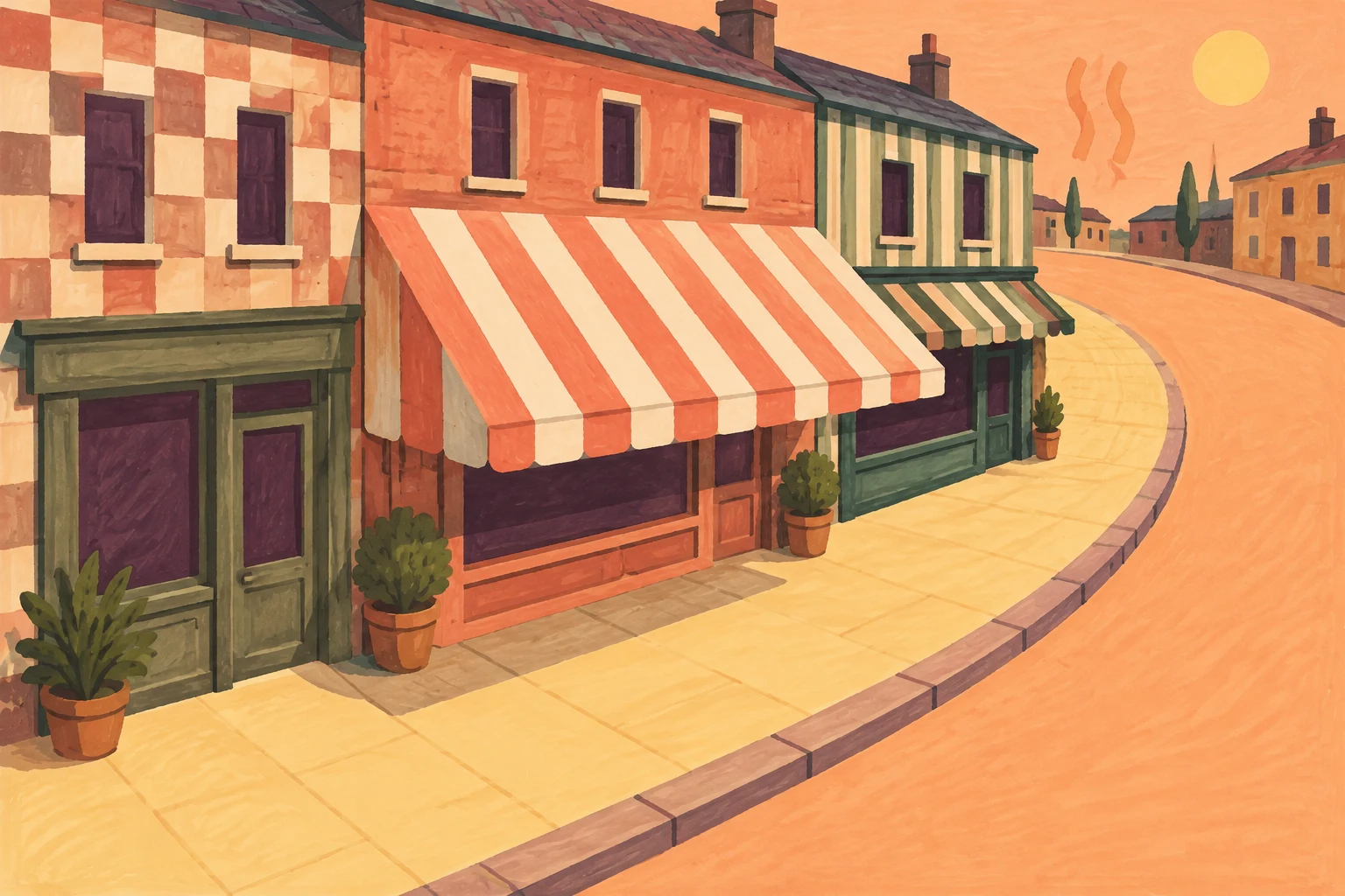 A row of adjoining terracotta and green shopfronts with a broad coral-and-cream striped awning borders a curving yellow pavement and peach-colored road in warm…