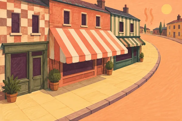 A row of adjoining terracotta and green shopfronts with a broad coral-and-cream striped awning borders a curving yellow pavement and peach-colored road in warm…