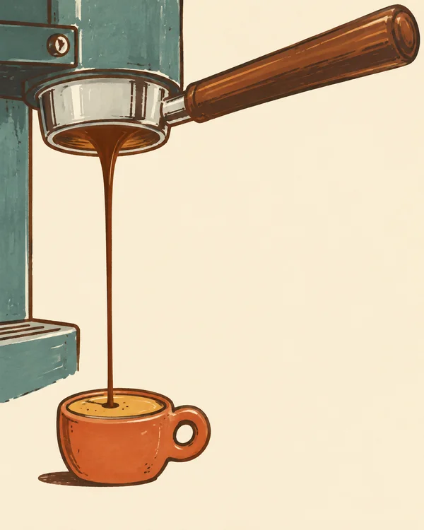 A cropped teal espresso machine holds an oversized portafilter with a long wooden handle angled toward the upper right.