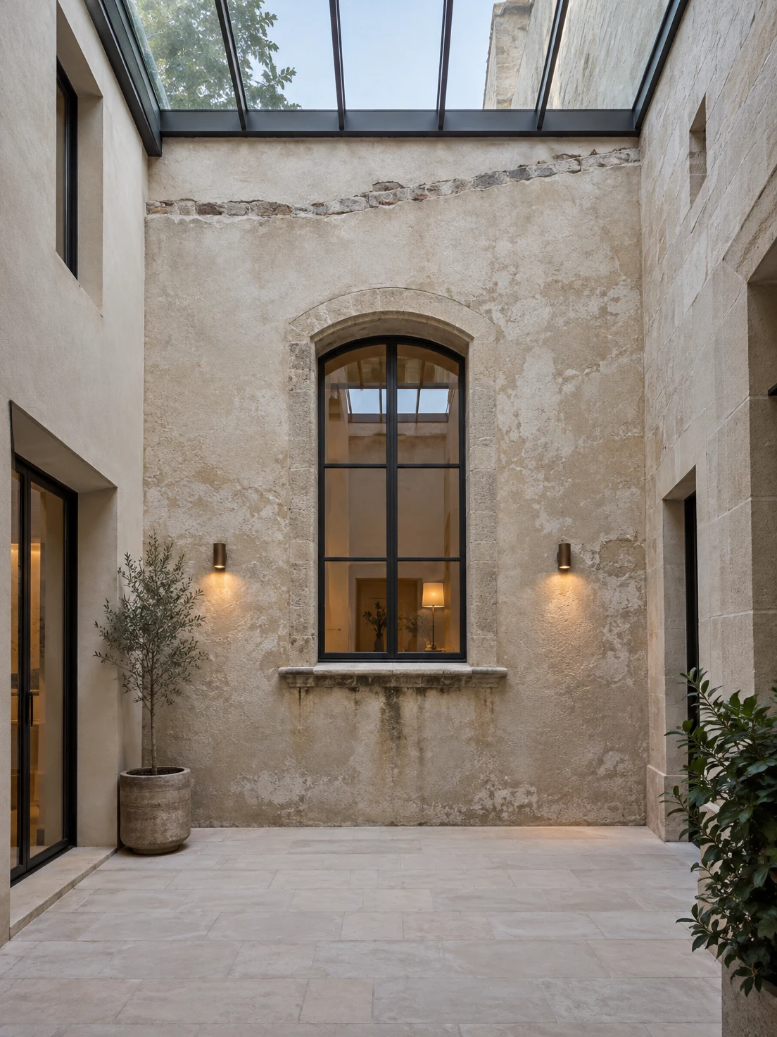 A limestone-paved courtyard atrium with a tall arched window set in a weathered plaster façade, beneath a glass roof.