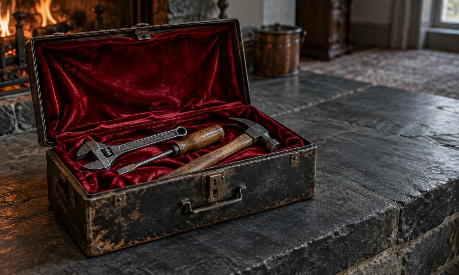 An open, heavily weathered dark metal toolbox lined with deep red velvet rests on a broad stone hearth, holding an adjustable wrench, a wooden-handled…