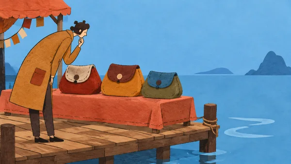 A shopper in a long ochre coat bends to examine three flap-front pouches on a coral-covered market table atop a timber dock over blue water.