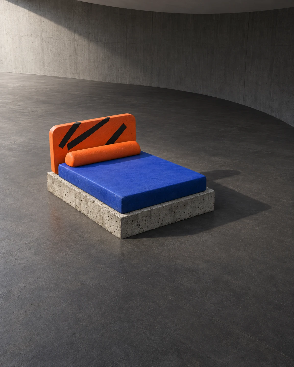 A sculptural bed made from a cobalt-blue rectangular slab on a rough concrete block, with a tangerine headboard marked by black diagonal slashes and a matching…