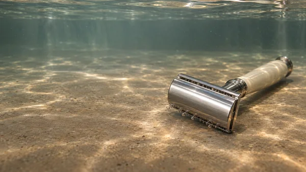 A stainless-steel safety razor with an ivory-colored handle lies diagonally underwater on a warm-toned floor, with small bubbles clinging beneath its head and…