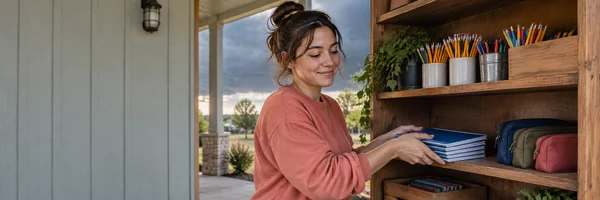 A young woman in a faded coral sweatshirt places a stack of blue notebooks on a wooden shelf filled with pencil cups, pencils, and fabric pencil cases.