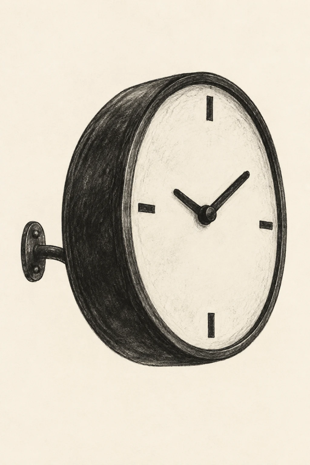 A hand-drawn charcoal illustration of a large, thick-cased wall clock in three-quarter view, with four hour ticks and two black hands, on warm ivory paper.