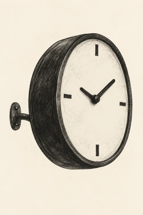 A hand-drawn charcoal illustration of a large, thick-cased wall clock in three-quarter view, with four hour ticks and two black hands, on warm ivory paper.