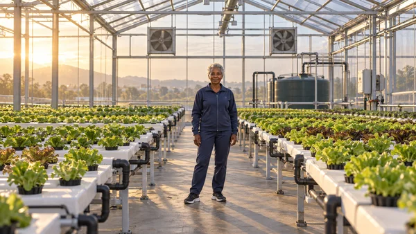A silver-haired older woman stands in the central aisle of a glass greenhouse, between rows of lettuce growing in white channels; pipes, ventilation fans, and…