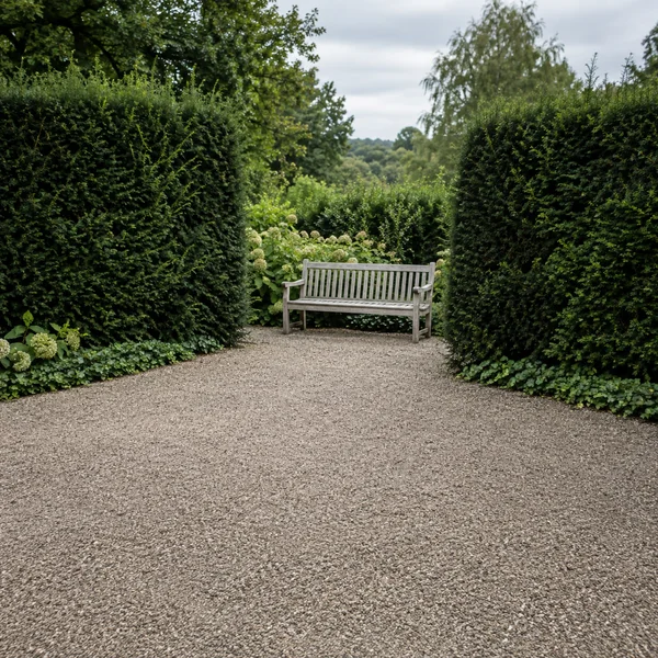 A weathered pale wooden bench sits between tall dark-green hedges at the far end of a broad gravel clearing, with flowering shrubs and trees visible beyond it…