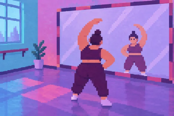 A blocky, textured illustration shows a dancer from behind holding one arm overhead and the other at the hip before a large lavender mirror, where the matching…