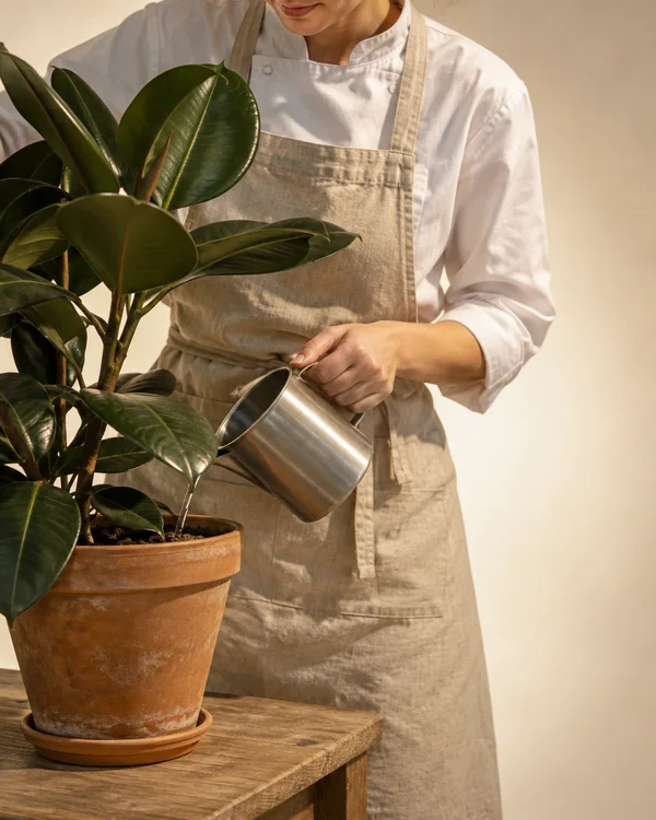 A person in a white work jacket and oatmeal apron pours a thin stream from a stainless-steel jug into the soil of a rubber plant in a terracotta pot on a…