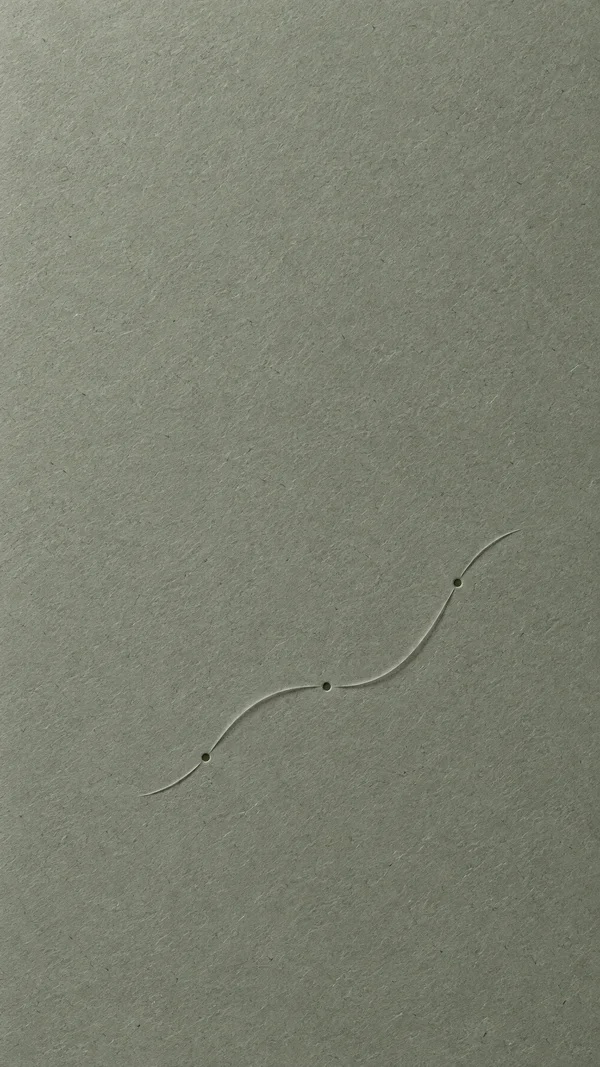 A slender embossed, asymmetrical curve with three dark green circular impressions lies below center on a gray-green textured paper surface, leaving a broad…