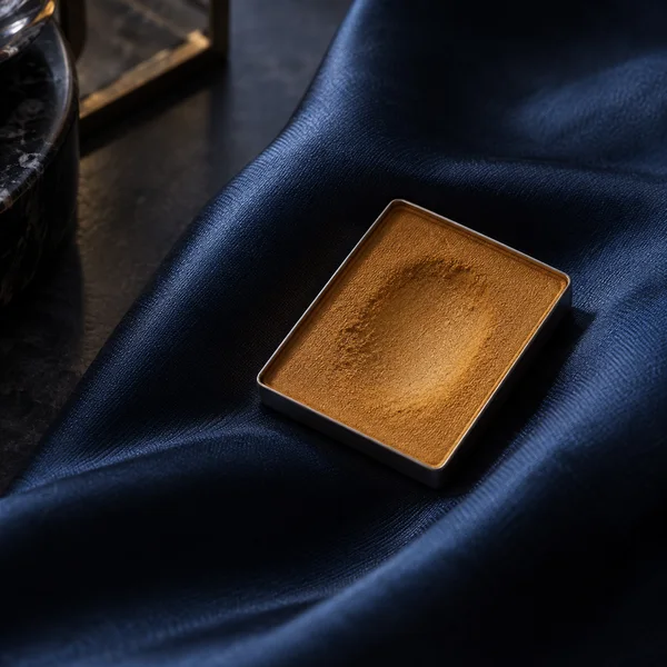 A shallow rectangular metal pan of warm ochre powder rests at an angle on deeply folded indigo satin, with a worn hollow across the powder and cropped dark…