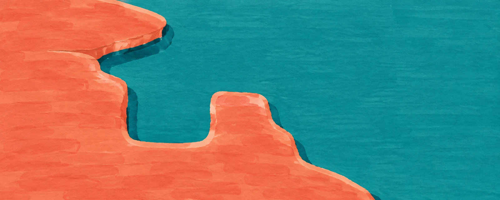 A high-angle stylized view of a coral-colored lakeshore entering from the left and bottom, with a deep teal inlet cut into the bank and open teal water across…