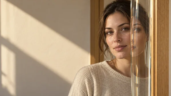 A chest-up portrait of a woman in an oatmeal knit top beside an oak-framed doorway, with a clear vertical glass panel doubling and shifting part of her face.