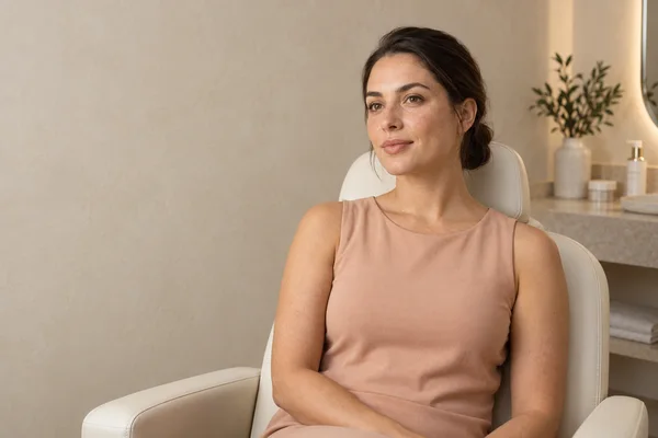 A woman with dark hair in a low bun sits in a cream upholstered treatment chair, wearing a muted peach sleeveless top and looking slightly off camera.