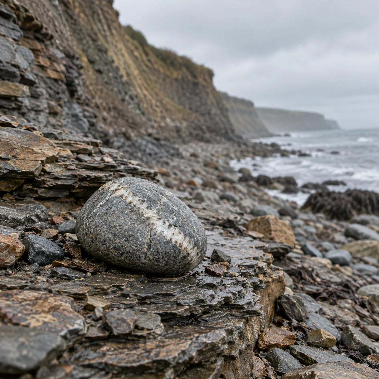 A rounded grey cobble with a broad pale vein rests on a layered shale ledge scattered with small stones, with an eroding coastal cliff and grey sea softly…