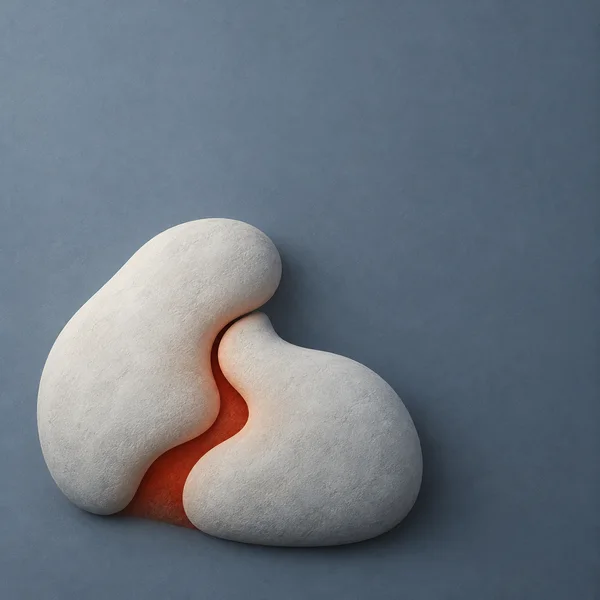 Two softly rounded, frost-white textured forms interlock near the lower-left of a blue-slate field, with a recessed ember-red channel between them and broad…