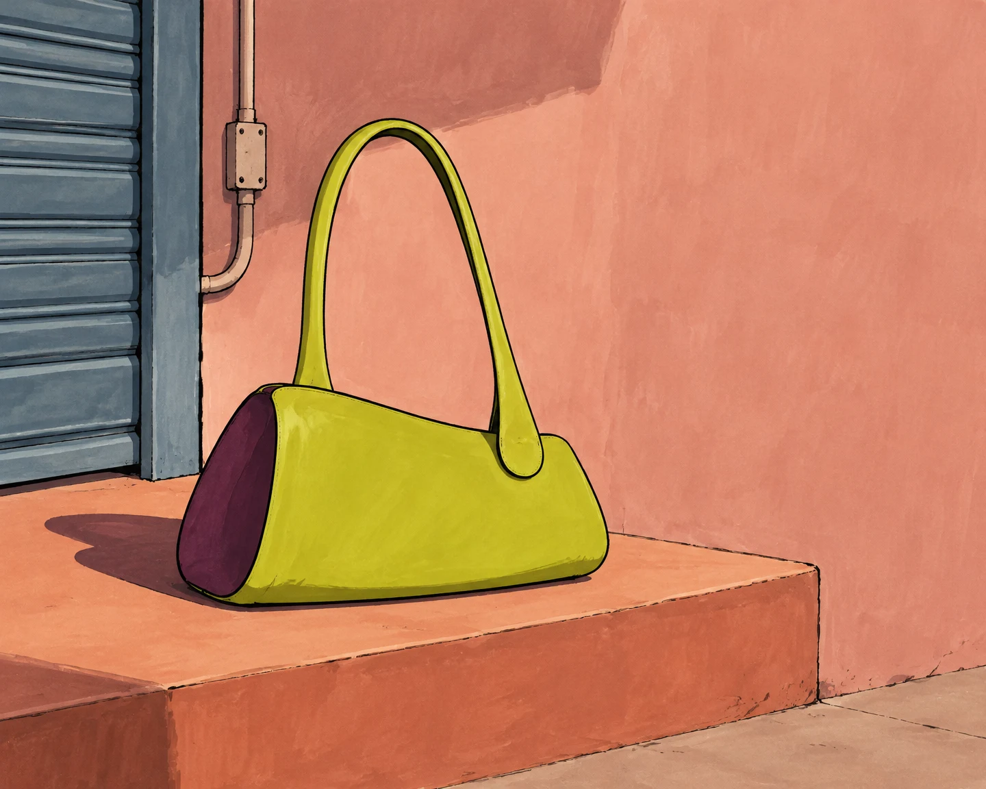 A chartreuse handbag with a very tall rounded handle and dark-plum side panel rests on a terracotta doorstep against dusty rose plaster, beside a blue metal…