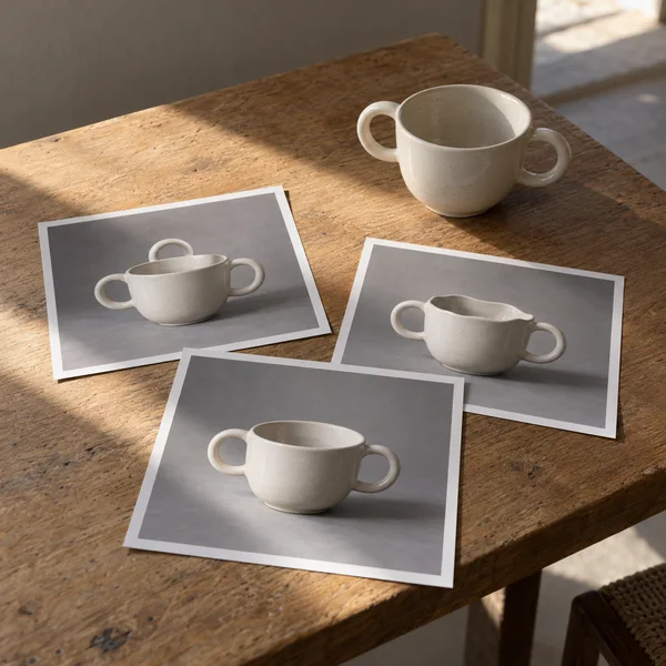 A cream ceramic cup with two rounded side handles sits on a worn oak table beside three photographic prints of the cup against grey backgrounds; one printed…