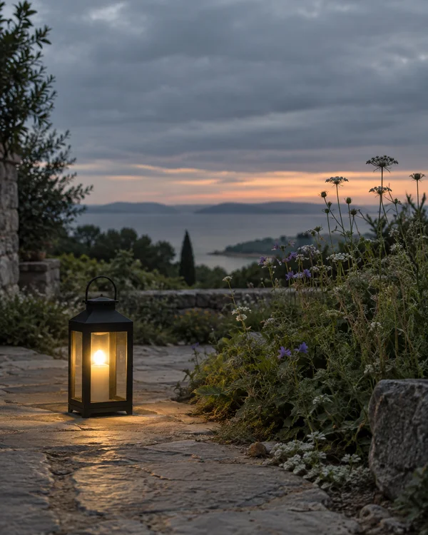 A black metal lantern glows on a stone garden path beside wildflowers at dusk, with a cloudy sky and peach light over distant water and hills.