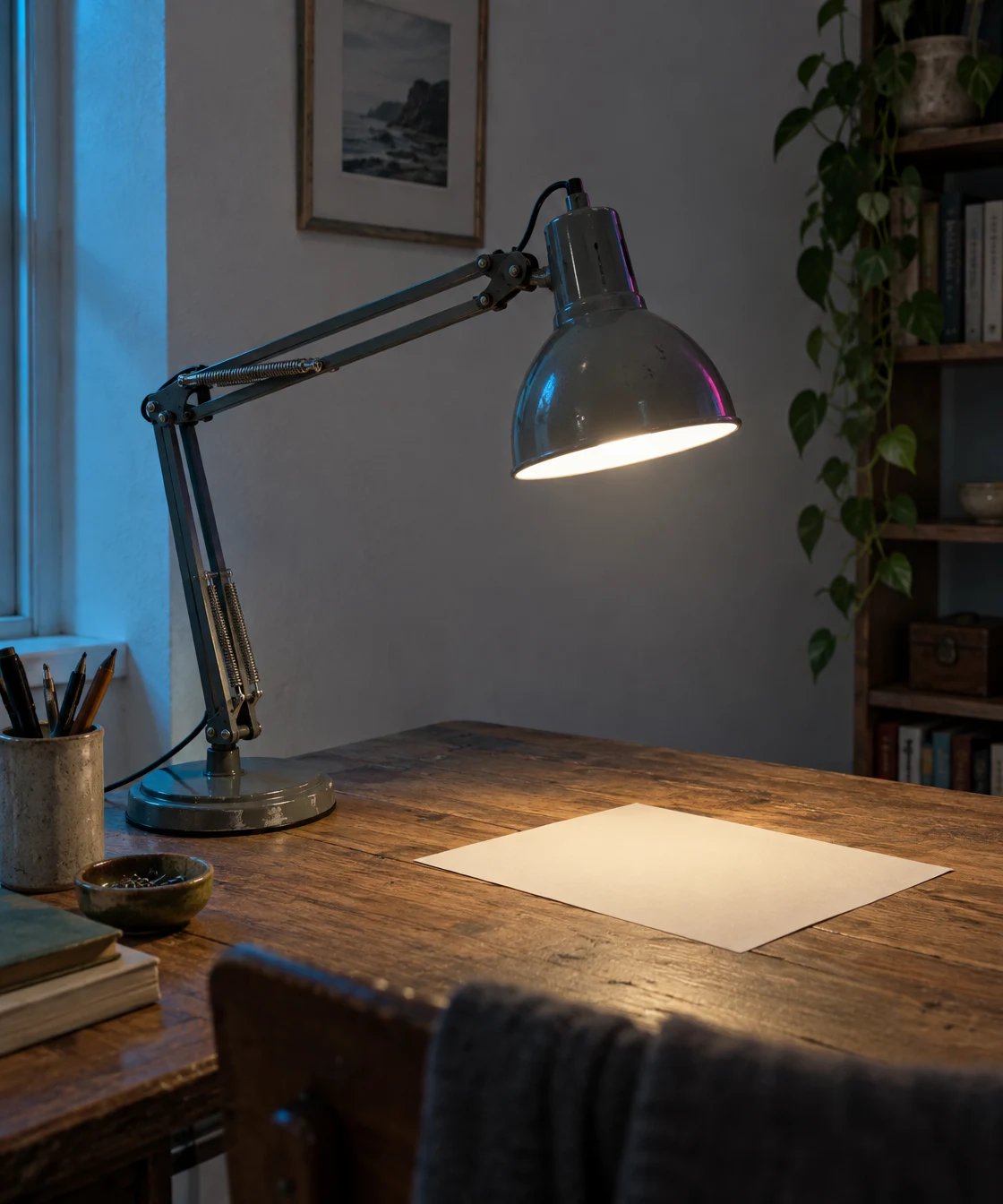 A charcoal-grey articulated desk lamp illuminates a blank cream sheet on a worn oak table in a dim writing alcove, with cyan light along the left wall and a…
