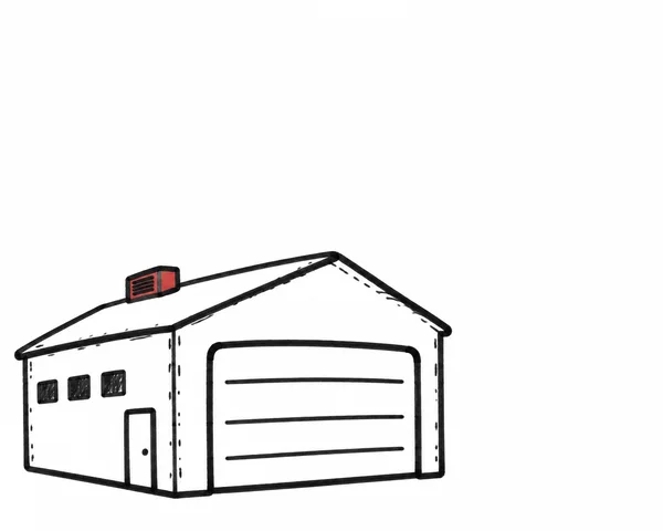 A hand-drawn black-marker illustration of a squat warehouse in three-quarter view, with a large roll-up shutter, three horizontal lines, side windows and a…