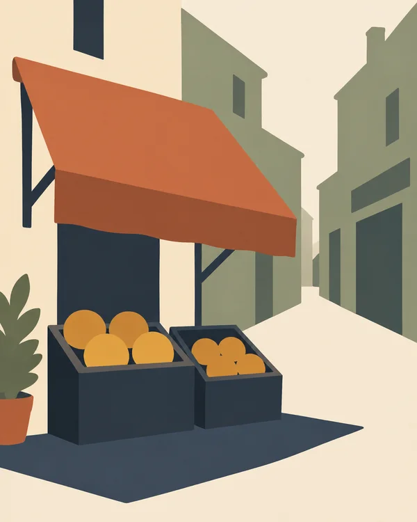 A terracotta awning covers two dark produce bins with ochre fruit in a stylized market lane between sage buildings; a potted plant sits at the far left.