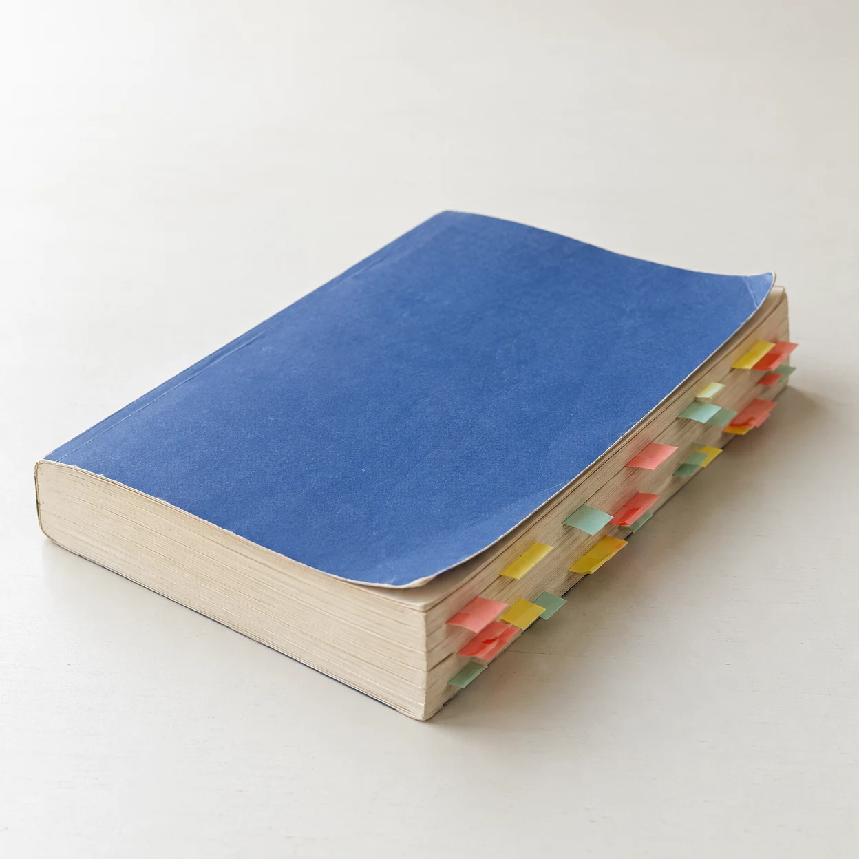 A closed cobalt-blue paperback lies diagonally on an off-white desk, with coral, yellow and mint page tabs protruding from its cream page edges.