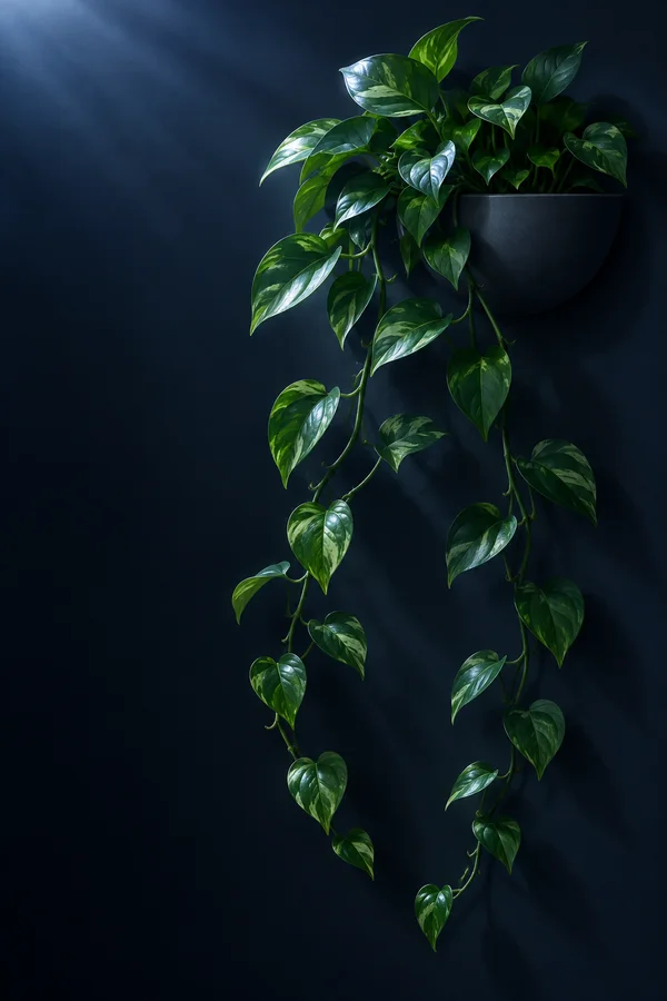 A glossy pothos with variegated heart-shaped leaves trails from a matte charcoal semicircular wall planter against a dark navy background, with cool blue…