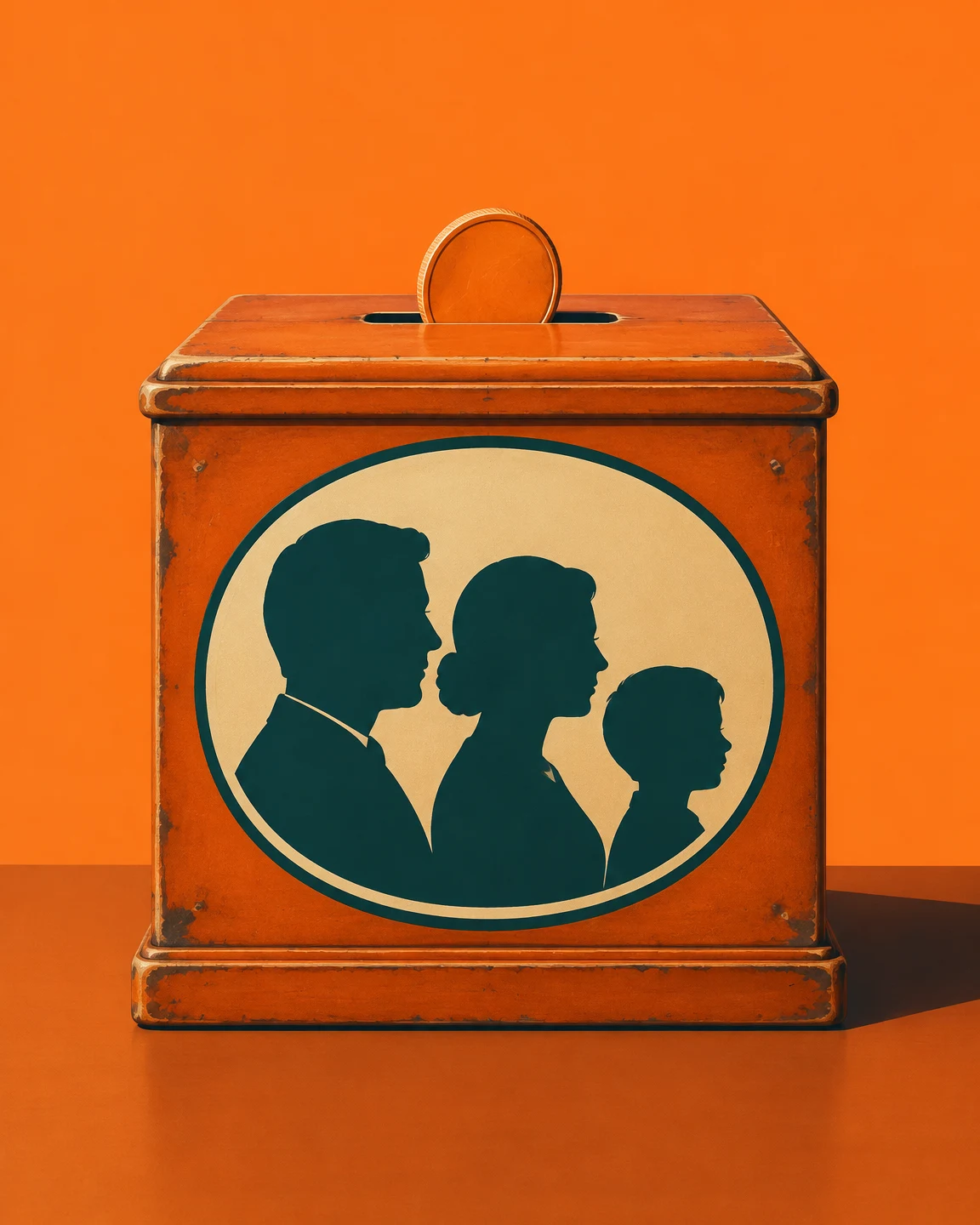 A distressed orange wooden savings box sits on an orange tabletop against an orange background.
