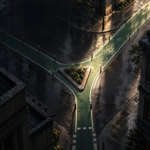 A rain-darkened urban cycling junction forks around a planted triangular concrete island, with green lanes, pale borders, bollards and a white bicycle…