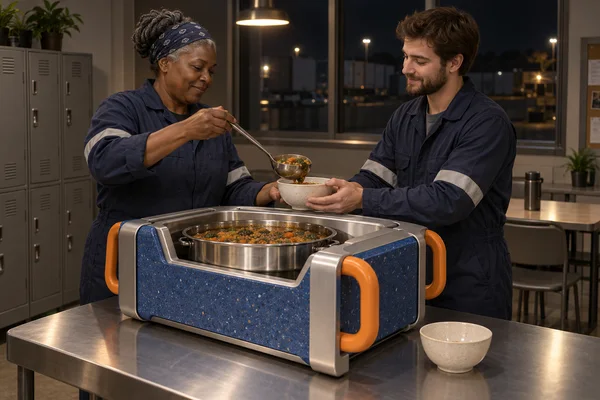 Two workers in navy coveralls serve vegetable-and-lentil stew from a stainless-steel pot at a blue-and-orange meal station in a warmly lit break room with dark…