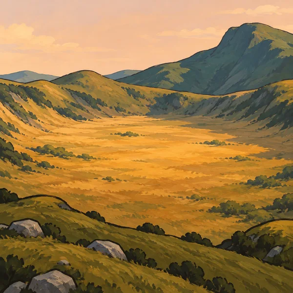 A broad dry golden basin enclosed by rolling olive hills and a tall teal ridge beneath a pale peach sky, with dark shrubs and scattered rocks along the…