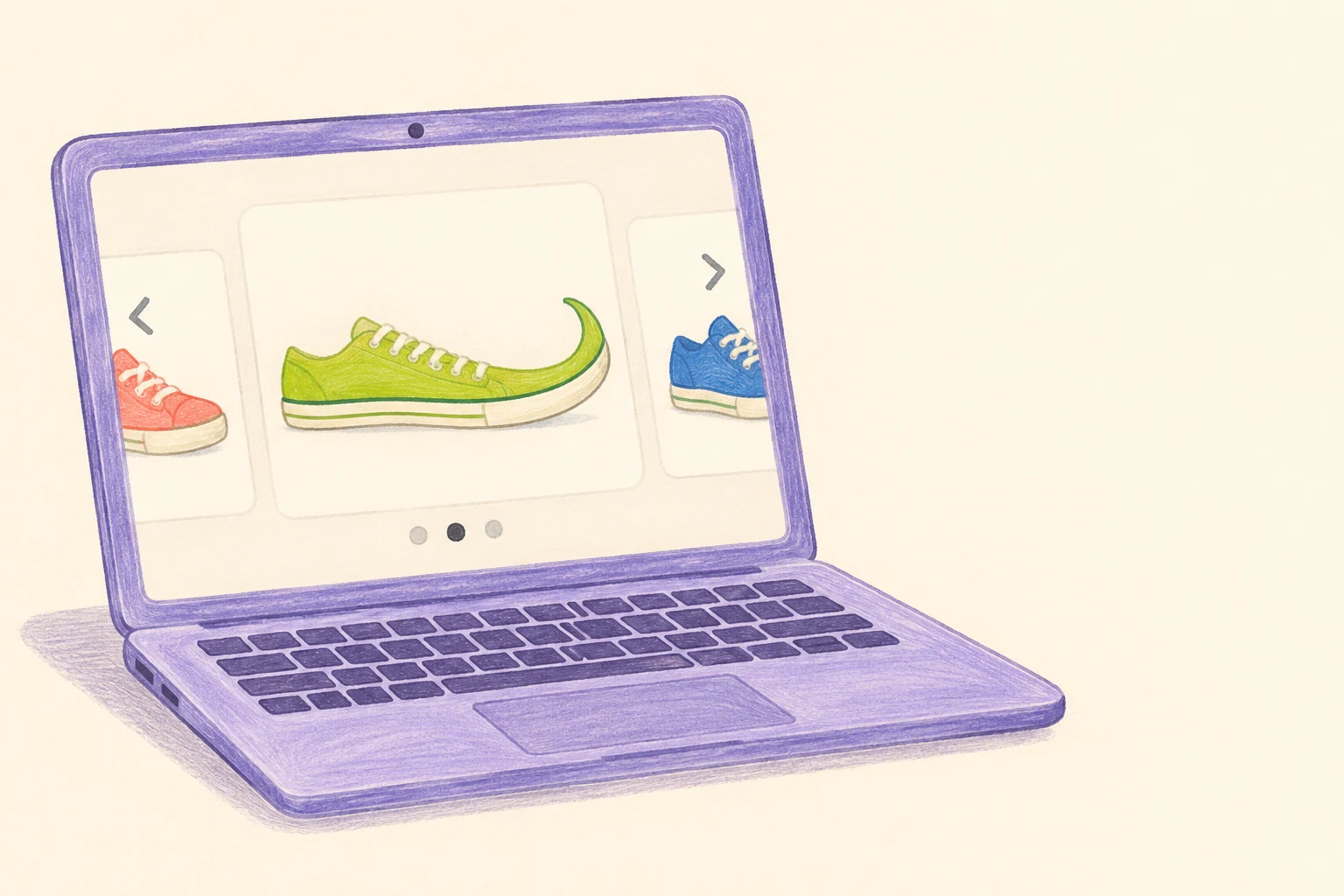 A hand-drawn lavender laptop sits on a warm cream background, displaying a lime sneaker with an exaggerated upturned toe between partially cropped coral and…